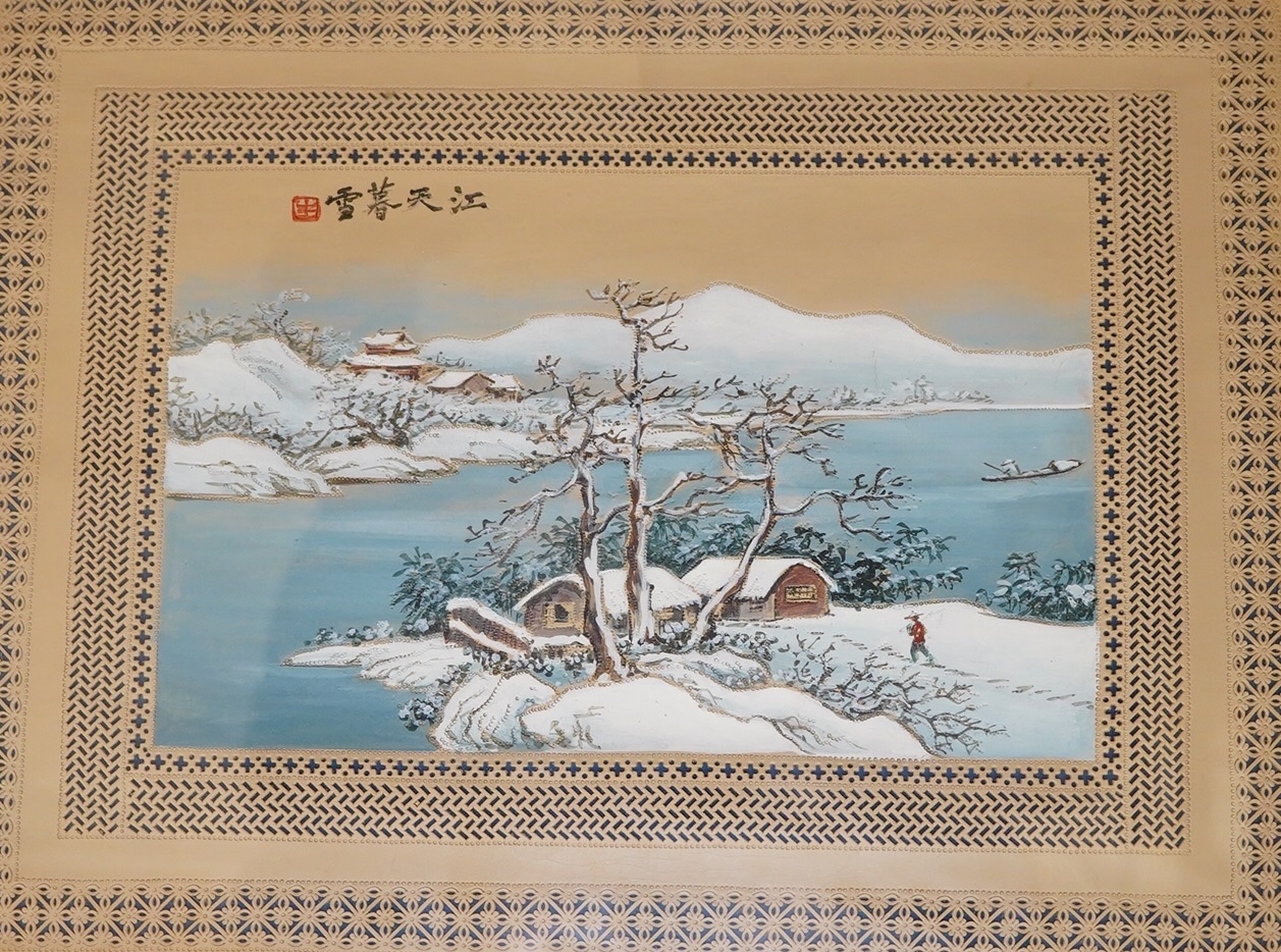 Chinese school, set of four watercolour and gouaches on punched leather, The Four Seasons, signed with character marks and red seal mark, 30 x 40cm. Condition - good